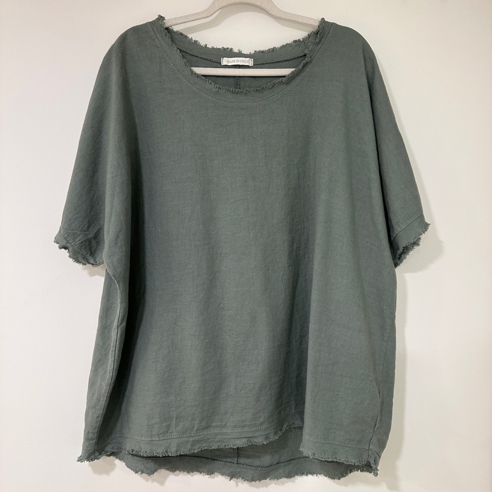 Made in Italy Linen Blend Raw Edge Top Women OS Sage Green Fringed | Lagenlook